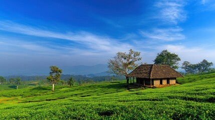 Obraz premium Serene Tea Plantation Hut Under a Blue Sky