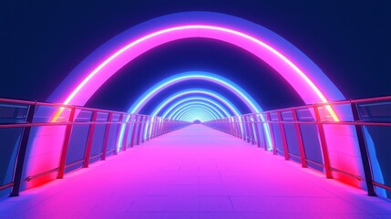 Obraz premium Vibrant neon pathway futuristic bridge digital art nighttime perspective light and color exploration