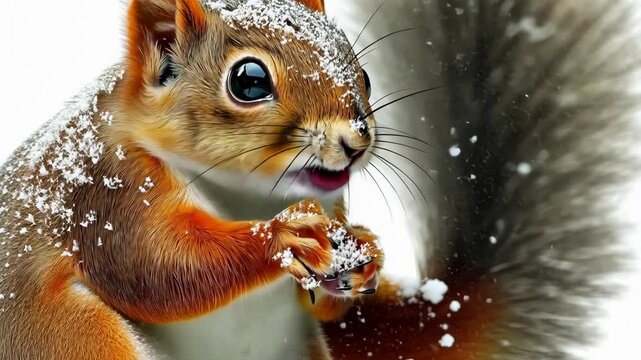 Cute little squirrel is standing on a snowy surface. The image has a warm and cozy feeling, as the squirrel is enjoying the winter weather