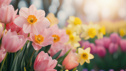 vibrant display of spring flowers, including pink tulips and yellow daffodils, creating cheerful and colorful garden scene