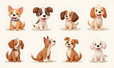 Obraz premium Eight Diverse Breed Puppies in 3D Render Against White Background