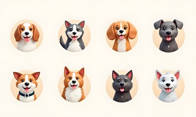Eight Cheerful Cartoon Dogs in Circular Frames on Beige Background