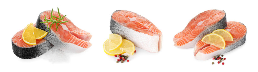 Fresh salmon steaks and lemon on white background, set