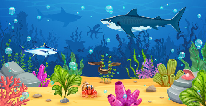 Underwater game landscape with cartoon sea animals and fish characters. Vector game background with shark, crab, marlin, eel and octopus, seaweed, corals and sea shell at ocean bottom landscape