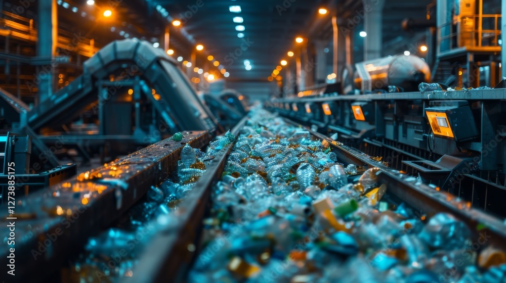 Poster a busy waste sorting facility at night with conveyor belts carrying heaps of plastic recyclables. th