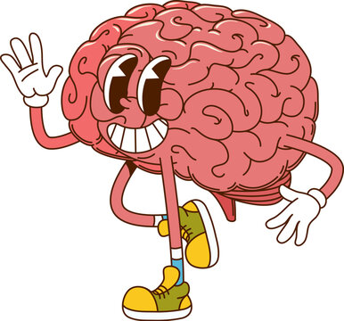 Cartoon groovy human brain happy smiling character. Physiology and biology vintage groovy vector cheerful personage, human body healthcare brain cute character. Intelligence and knowledge mascot