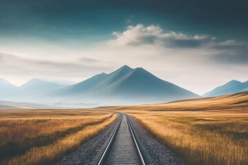 Railroad landscape with distant mountains cloudy sky
