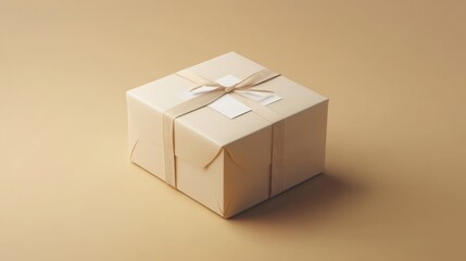 Obraz premium Elegant Beige Gift Box with Blank Tag Neutral Minimalist Packaging Square Present