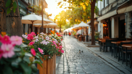 Fototapeta premium scenic city street adorned with blooming flower beds, creating vibrant atmosphere. warm sunlight enhances charm of outdoor cafes and cobblestone path