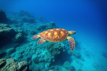 Obraz premium Sea turtle underwater turquoise ocean flippers shell colors