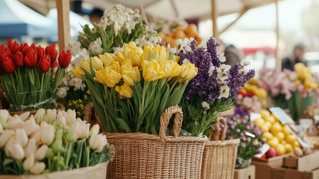 Fresh flowers in vibrant colors at spring market stall, showcasing tulips, orchids, and other blooms, creating lively and cheerful atmosphere