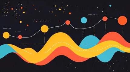 Abstract data visualization with colorful waves and dots on a dark background.