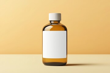 Obraz premium Bottle of medicine health product with empty, blank, white sticker area for brand logo. Glass container for liquid soap shampoo cream lotion. Mock-up mockup concept for cosmetic self cleaning products