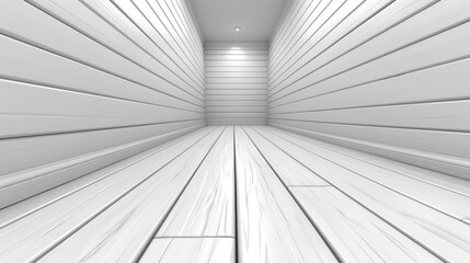Minimalist White Interior Space with Wooden Wall Panels and Floor Perspective View