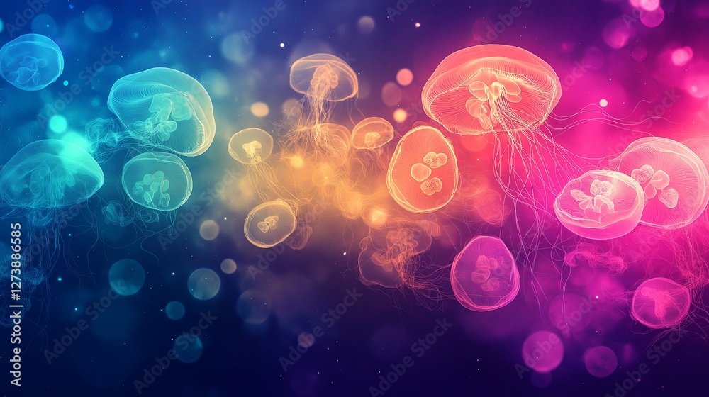 Poster a multi-colored cosmic ocean with floating jellyfish made of light