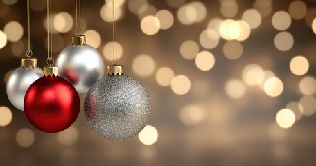 Red, silver, and white Christmas ornaments hanging against a bokeh background of gold and brown lights. Festive holiday image