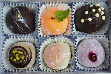 The colorful mochi Japanese dessert on box packaging