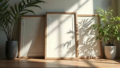 Green Living, Creative Canvas Showcasing Three Mockup Canvases in a Lush, Plant-Filled Space Bathed in Sunlight.
