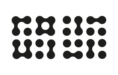 Connected dots signs. Innovation abstract flat symbol. Circles organic patterns. Metaball icon. Point movement mockup. Connected blobs template. Metaballs transition layout. Set of simple logos. 