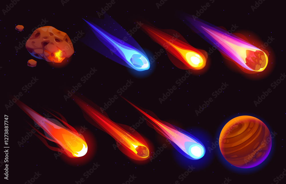 Poster cartoon galaxy space meteors, comets and asteroids with flame trails. vector falling fiery meteorite