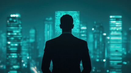 businessperson stands confidently in front of futuristic city skyline, embodying leadership and vision. glowing buildings reflect innovation and ambition