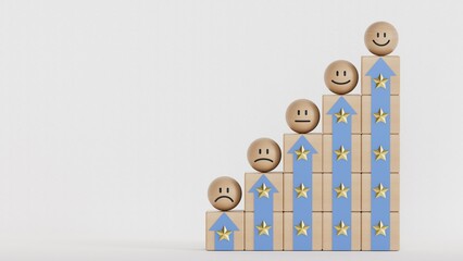 Emotion face since very smile regular and sad on increasing wooden stacking with up arrow and star level for client evaluation after customer use product and service concept.
