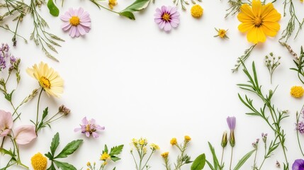 Colorful wildflowers arranged in a frame on white background.  Possible use spring floral design