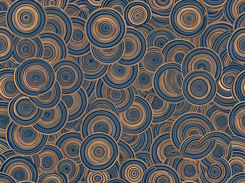 Abstract Seamless Pattern of Overlapping Concentric Circles in Blue and Orange Tones.