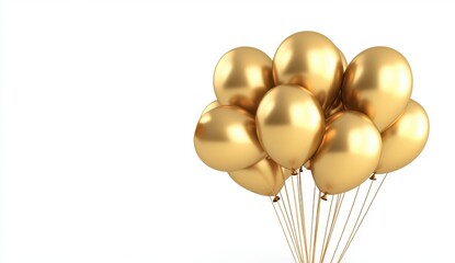 Cluster of shiny golden balloons against a white background, tied with golden ribbons, conveying a celebratory and festive mood