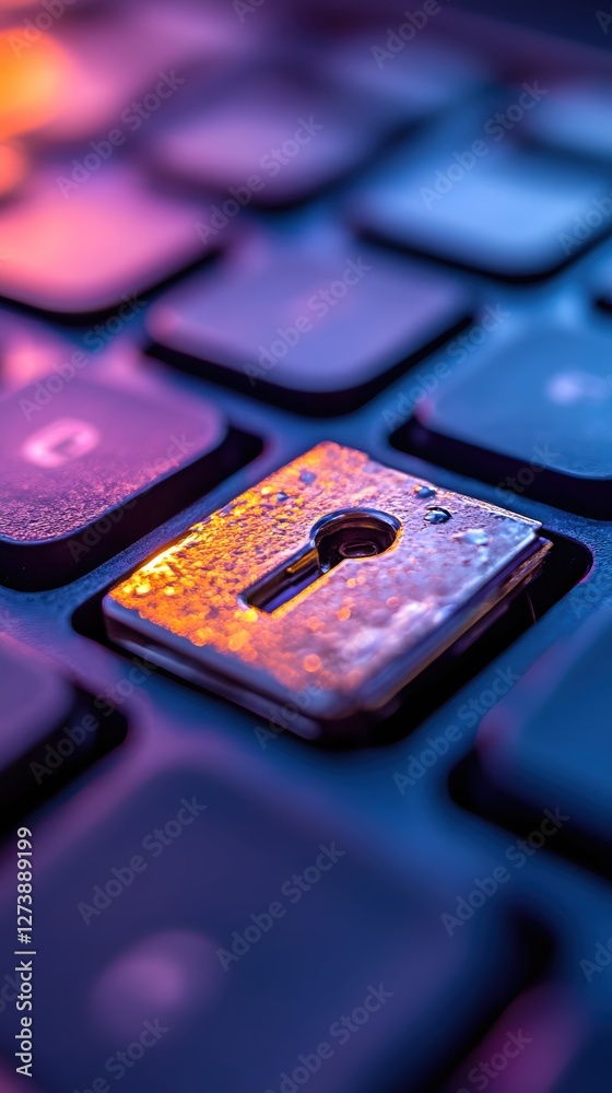 Poster cyberpunk keyhole on keyboard button illuminated with vibrant neon lights in macro view