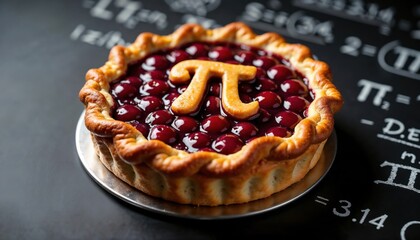 Pi Day cherry pie with a crusty Pi shaped decoration on top, standing on a black chalkboard surface with handwritten mathematical formulas. March 14 Pi Day celebration baking theme
