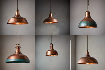 Obraz premium This collage features six copper-colored pendant lights suspended from a white wall, each with a unique design and hanging from a metal hook, creating a visually appealing and harmonious composition