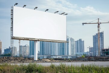 Obraz premium Empty white billboard near construction site with modern buildings and cranes in the background