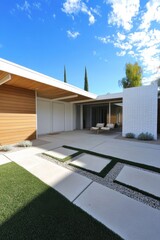Fototapeta premium Modern architectural design showcases a serene outdoor space with geometric pathways and contemporary furnishings under a clear blue sky
