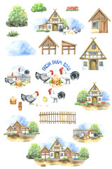 Happy chicken clipart. Farm Animals, Rooster, Hen, Bio Eggs, Coop, Chicks, Nest, Eco Village. Isolated elements. Stock illustration. Hand painted in watercolor.