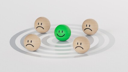 stand out from the crowd.Wood BALL with smile, normal and sad face. Facial expressions. Mental health assessment.3D rendering on white background.