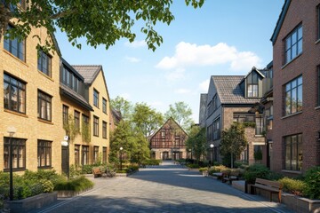 Fototapeta premium This delightful residential neighborhood showcases contemporary architecture set against a backdrop of vibrant greenery, all under the warm glow of a sunny afternoon