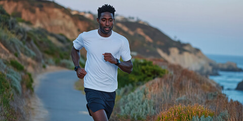 Man Jogging on Coastal Road