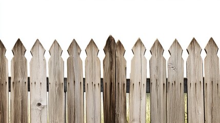 Fototapeta premium Rustic Wooden Picket Fence with Weathered Texture in Outdoor Setting Against Clear White Sky