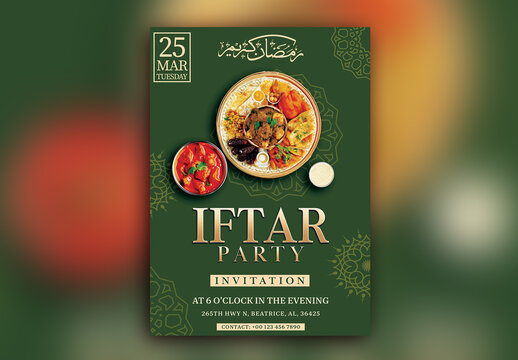 Editable Iftar Party Flyer or Invitation Card with Venue Details in Green Color.