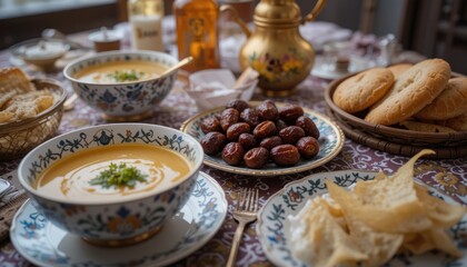 Decorated Table with Traditional Ramadan Foods