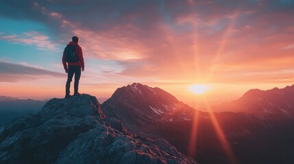 Fototapeta premium Man with Backpack Hiking on Mountain Peak at Sunrise Stunning View