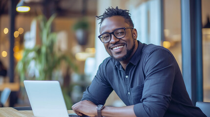 Smiling entrepreneur working with laptop in modern office with natural light and trees. This image represents professionalism, creativity and productive working environment.