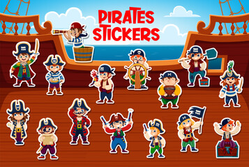 Obraz premium Kid pirate and corsair characters stickers pack, vector piracy. Cartoon funny boy and girl personages of kid pirate captain, sailor and corsair, skipper and boatswain at filibusters ship deck