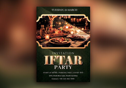 Editable Iftar Party Flyer or Invitation Card with Time, Date and Venue Details.