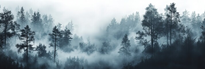 Fototapeta premium a forest landscape, where thick fog obscures the background, leaving the foreground trees in sharp focus.