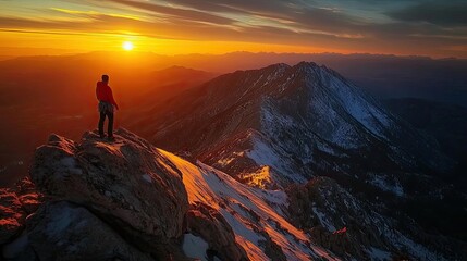 A lone hiker enjoys a majestic mountain sunrise