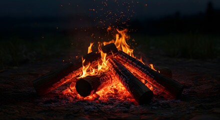 Burning Campfire with Glowing Embers and Dark Night Backdrop Outdoors