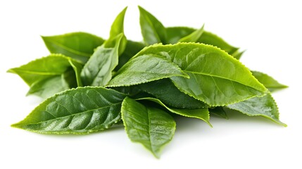 Obraz premium Fresh green tea leaves on white background capturing natural essence and vibrant color