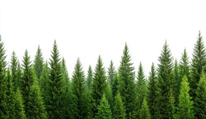 An eye level captures a dense collection of evergreen treetops, their vibrant green foliage contrasting sharply against a pure white background